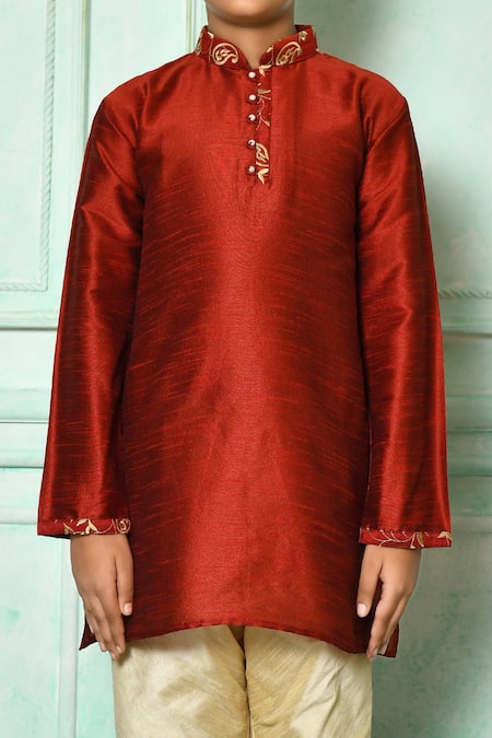 Buy_Petite Pomme_Red Silk Embroidery Plain Mandarin Collar Kurta  _Online_at_Aza_Fashions