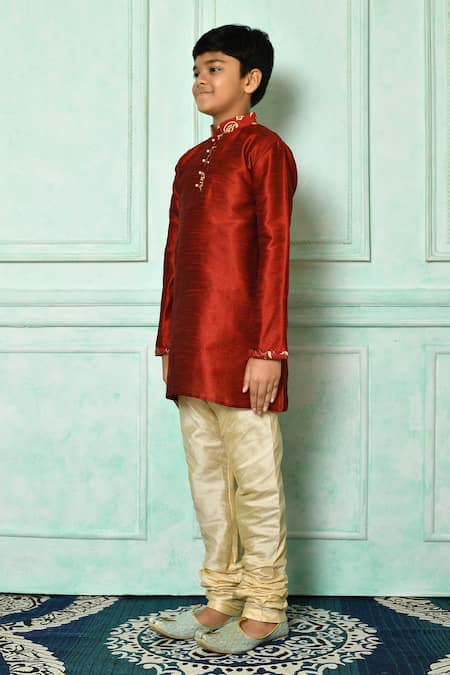Shop_Petite Pomme_Red Silk Embroidery Plain Mandarin Collar Kurta  _Online_at_Aza_Fashions