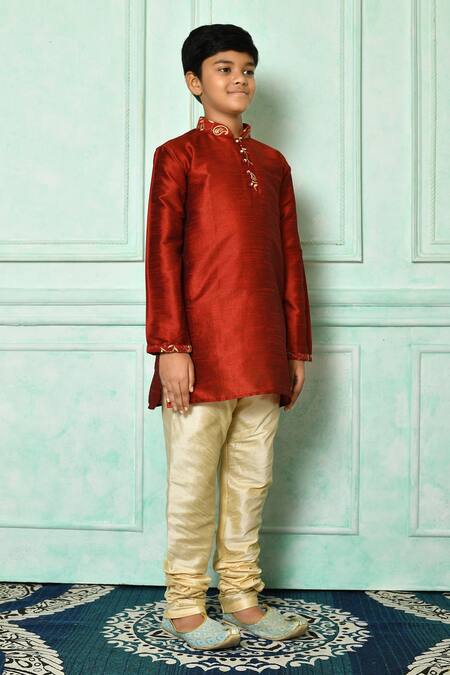 Petite Pomme_Red Silk Embroidery Plain Mandarin Collar Kurta  _at_Aza_Fashions