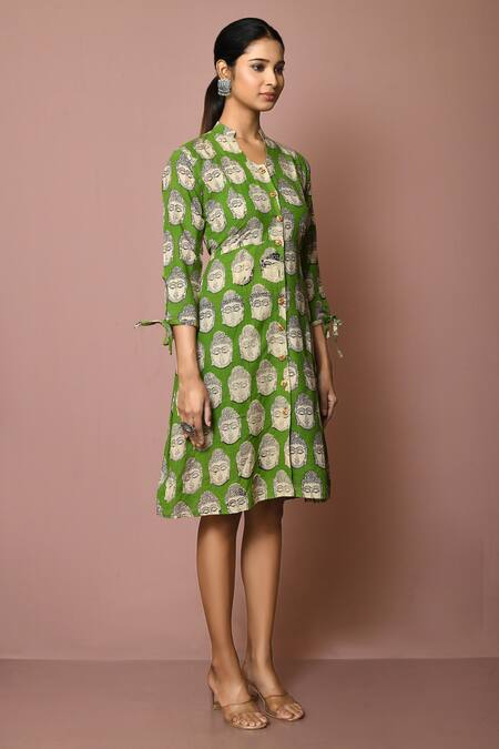 Buy_Arihant Rai Sinha_Green Cotton Peace Buddha Print Dress_Online_at_Aza_Fashions