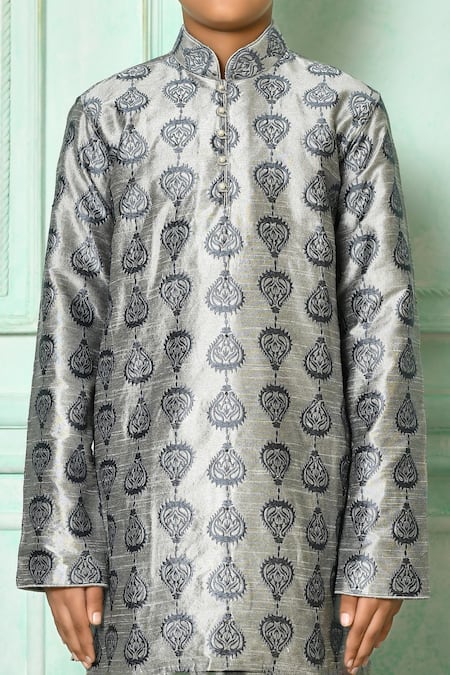 Petite Pomme Grey Silk Embroidery Straight Kurta Online at Aza Fashions Petite Pomme_Grey Silk Embroidery Straight Kurta _Online_at_Aza_Fashions