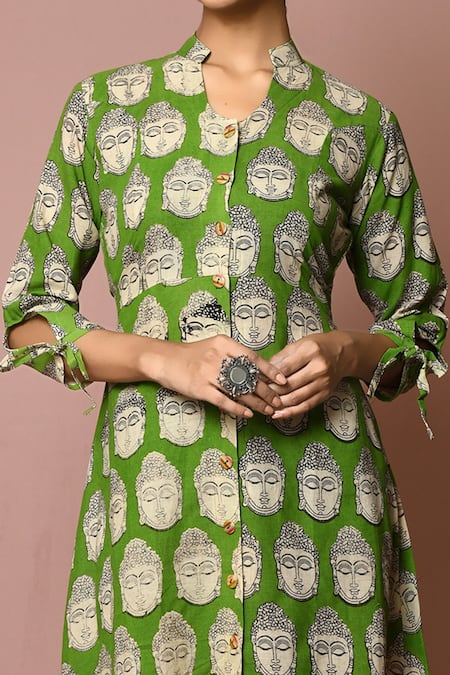 Arihant Rai Sinha_Green Cotton Peace Buddha Print Dress_at_Aza_Fashions