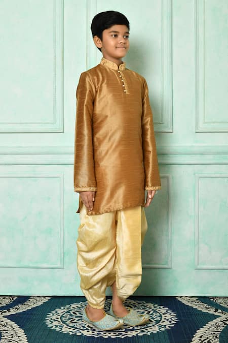 Petite Pomme Brown Silk Pearls, Embroidery Buttoned Kurta With Dhoti Pant at Aza Fashions Petite Pomme_Brown Silk Pearls, Embroidery Buttoned Kurta With Dhoti Pant _at_Aza_Fashions