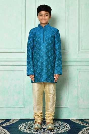 Petite Pomme_Blue Silk Embroidery Floral Kurta _Online_at_Aza_Fashions