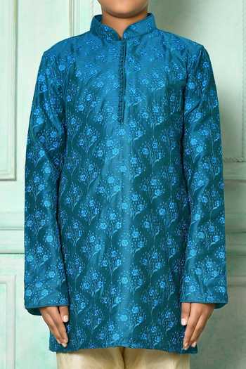 Buy_Petite Pomme_Blue Silk Embroidery Floral Kurta _Online_at_Aza_Fashions