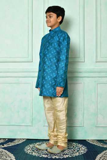 Shop_Petite Pomme_Blue Silk Embroidery Floral Kurta _Online_at_Aza_Fashions