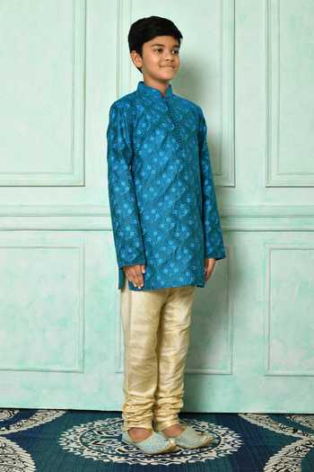 Petite Pomme_Blue Silk Embroidery Floral Kurta _at_Aza_Fashions