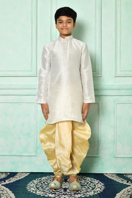 Shop_Petite Pomme_Off White Silk, Denim Straight Mandarin Collar Kurta And Dhoti Pant Set _Online_at_Aza_Fashions
