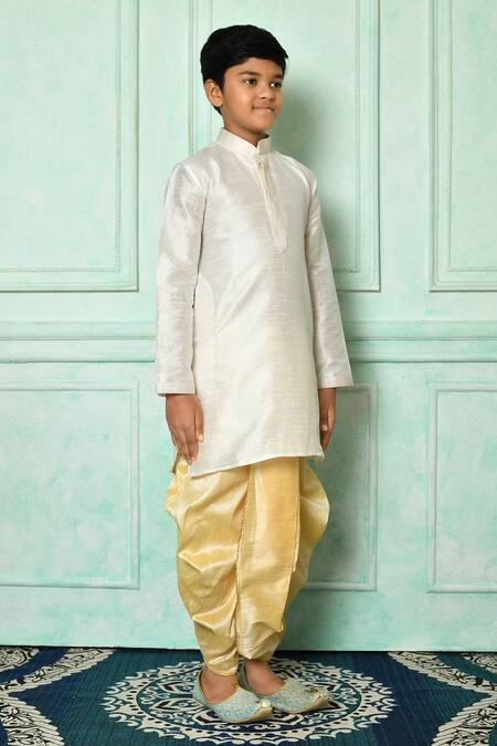 Petite Pomme_Off White Silk, Denim Straight Mandarin Collar Kurta And Dhoti Pant Set _at_Aza_Fashions