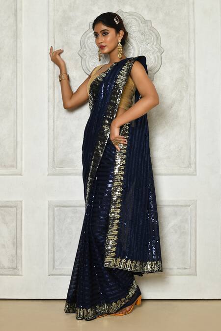 Buy_Samyukta Singhania_Blue Georgette, Silk Sequins, Embroidery Striped Saree With Blouse_Online_at_Aza_Fashions