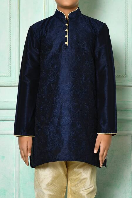 Shop Petite Pomme Blue Denim Embroidery Kurta And Churidar Set Online at Aza Fashions Shop_Petite Pomme_Blue Denim Embroidery Kurta And Churidar Set _Online_at_Aza_Fashions
