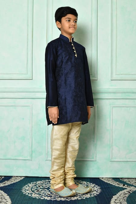 Shop_Petite Pomme_Blue Silk Full Sleeve Straight Kurta _Online_at_Aza_Fashions