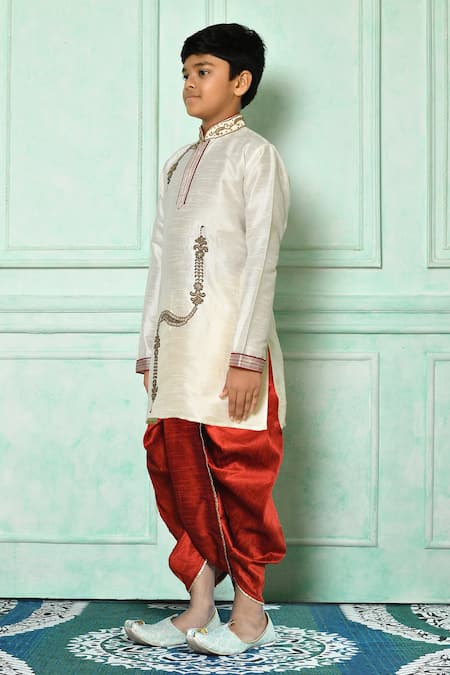 Petite Pomme_Off White Silk Beads, Stones Work Kurta And Contrast Dhoti Pant Set _at_Aza_Fashions