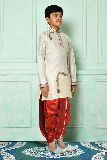 Buy_Petite Pomme_Off White Silk Beads, Stones Work Kurta And Contrast Dhoti Pant Set 