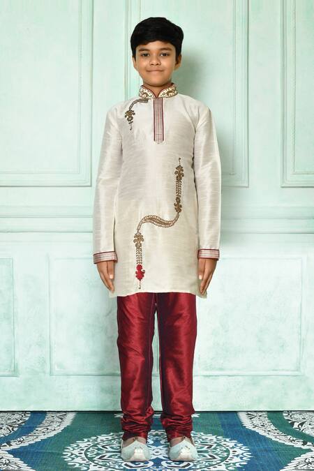 Buy_Petite Pomme_Off White Silk, Denim Embroidery Hand Kurta And Churidar Set _Online_at_Aza_Fashions