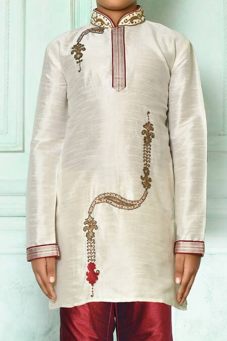 Petite Pomme_Off White Silk, Denim Embroidery Hand Kurta And Churidar Set _at_Aza_Fashions