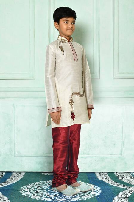 Shop_Petite Pomme_Off White Silk, Denim Embroidery Hand Kurta And Churidar Set _Online_at_Aza_Fashions