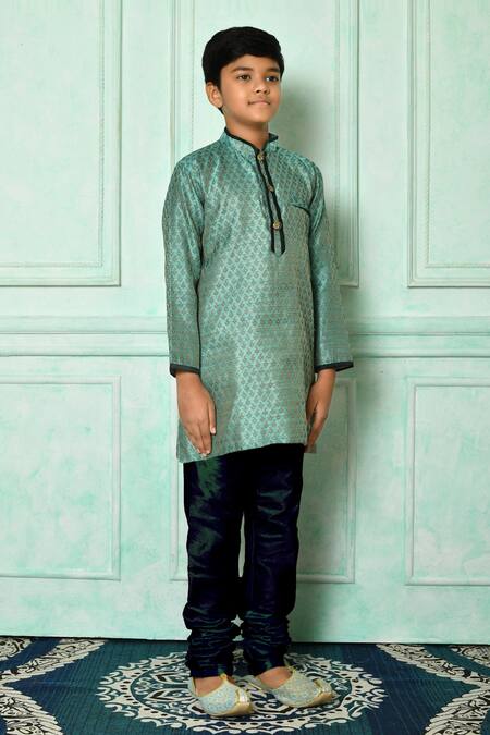 Shop_Petite Pomme_Green Silk, Chiffon Embroidery Patterned Kurta And Churidar Set _Online_at_Aza_Fashions