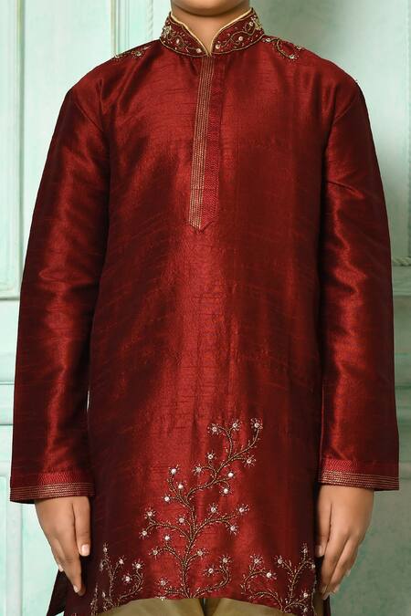 Petite Pomme_Maroon Silk Embroidery Placed Patterned Kurta _Online_at_Aza_Fashions