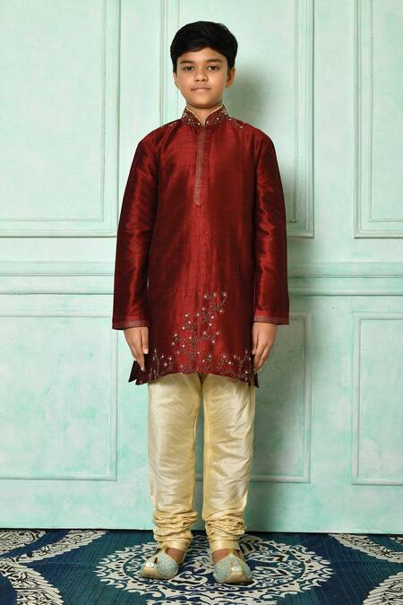Buy_Petite Pomme_Maroon Silk Embroidery Placed Patterned Kurta _Online_at_Aza_Fashions