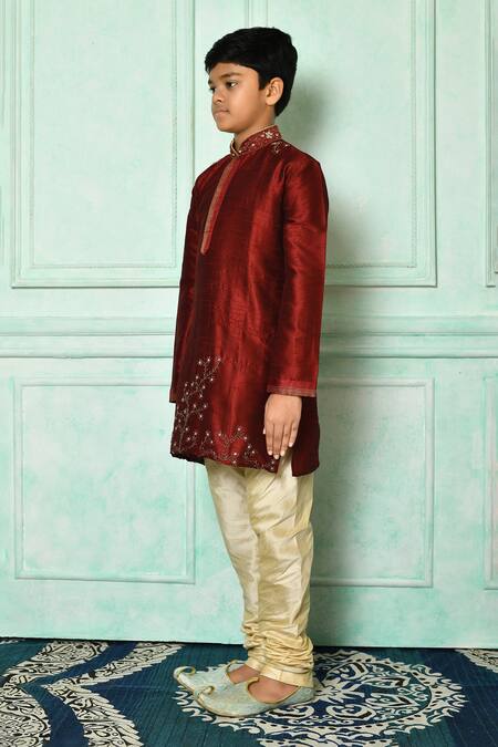 Shop_Petite Pomme_Maroon Silk Embroidery Placed Patterned Kurta _Online_at_Aza_Fashions