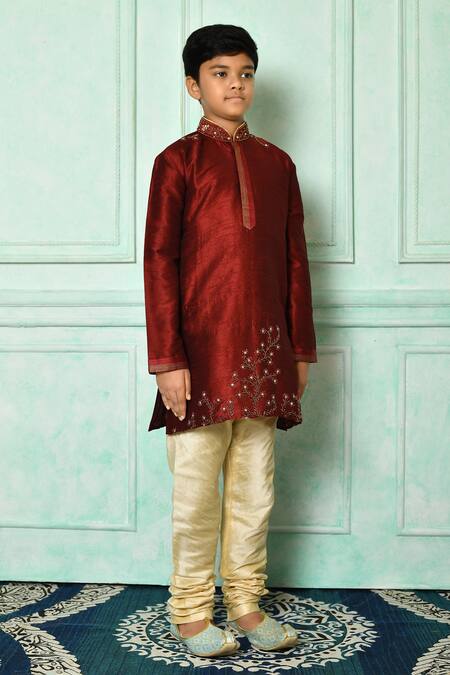 Petite Pomme_Maroon Silk Embroidery Placed Patterned Kurta _at_Aza_Fashions