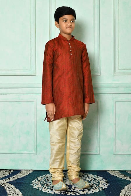 Petite Pomme_Red Brocade Patterned Kurta _at_Aza_Fashions