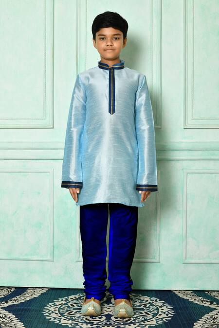 Buy_Petite Pomme_Blue Silk Mandarin Collar Straight Kurta _Online_at_Aza_Fashions