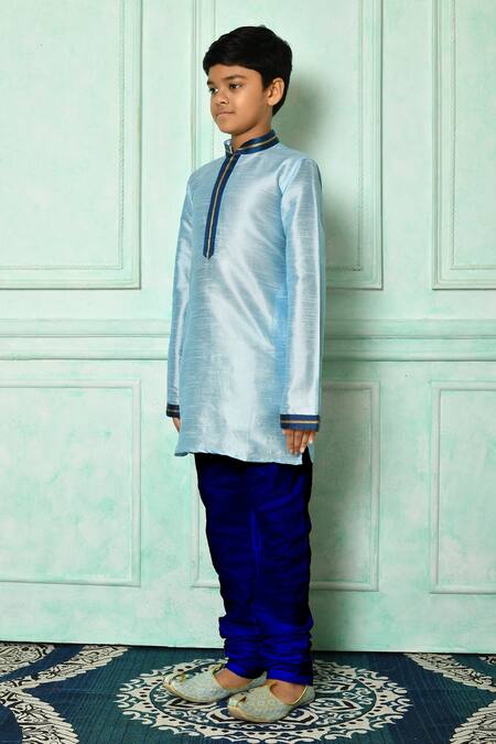 Shop_Petite Pomme_Blue Silk Mandarin Collar Straight Kurta _Online_at_Aza_Fashions