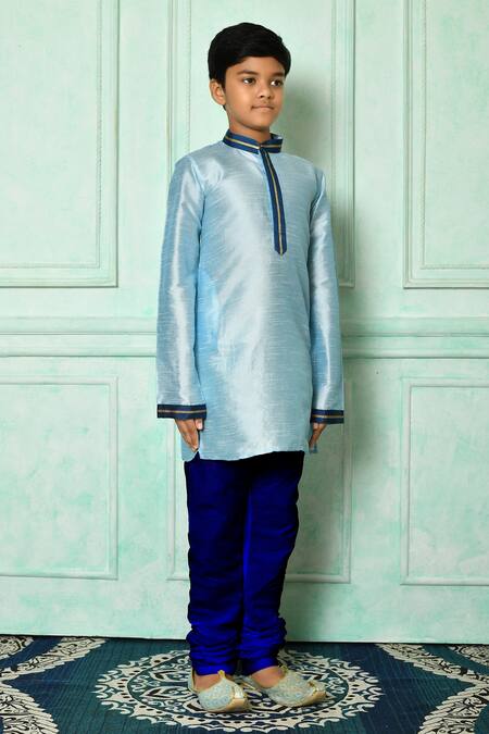 Petite Pomme_Blue Silk Mandarin Collar Straight Kurta _at_Aza_Fashions