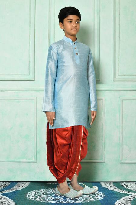 Shop_Petite Pomme_Blue Silk Kurta And Red Dhoti Pant Set _Online_at_Aza_Fashions