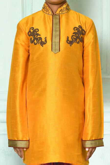 Buy Petite Pomme Yellow Silk Cut Work Placement Kurta With Churidar Online at Aza Fashions Buy_Petite Pomme_Yellow Silk Cut Work Placement Kurta With Churidar _Online_at_Aza_Fashions