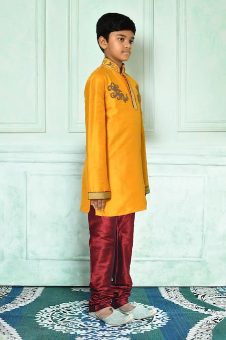 Petite Pomme_Yellow Silk Cut Work Placement Kurta With Churidar _at_Aza_Fashions