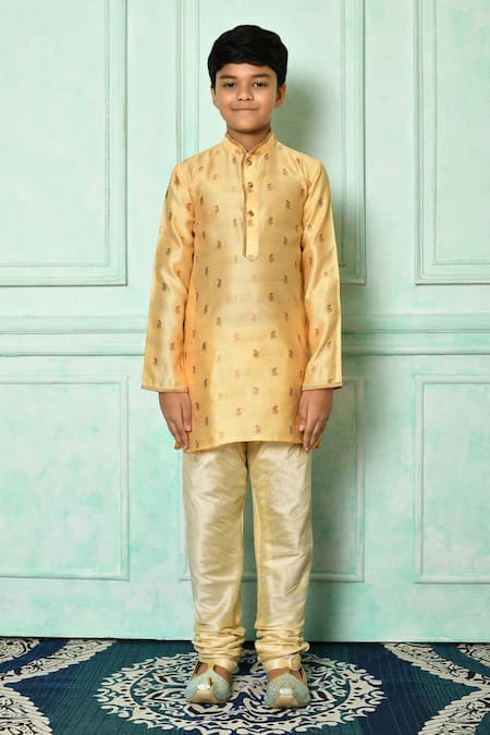 Buy_Petite Pomme_Yellow Silk, Polyester, Denim Embroidery Scatter Paisley Kurta Set _Online_at_Aza_Fashions