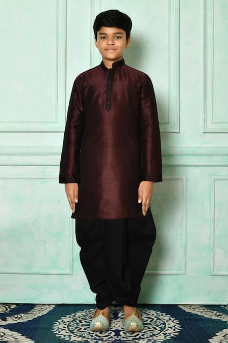 Shop_Petite Pomme_Wine Silk, Cotton Full Sleeve Kurta And Dhoti Pant Set _Online_at_Aza_Fashions