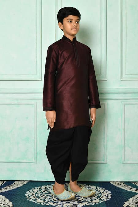 Petite Pomme_Wine Silk, Cotton Full Sleeve Kurta And Dhoti Pant Set _at_Aza_Fashions