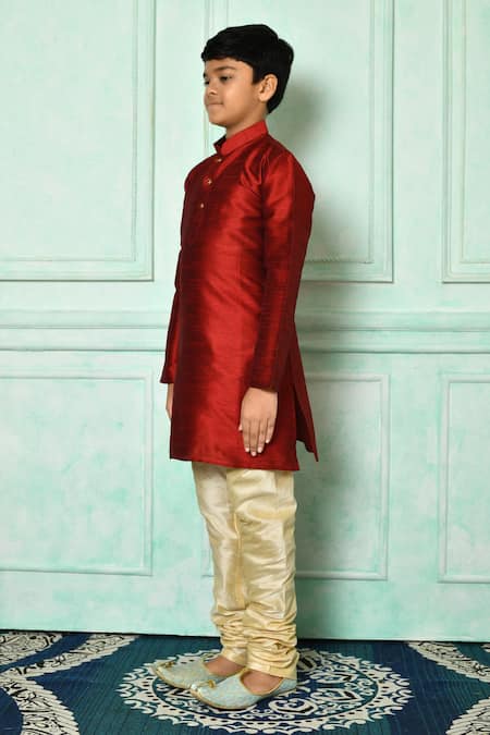Petite Pomme_Red Denim Patterned Kurta And Churidar Set _at_Aza_Fashions