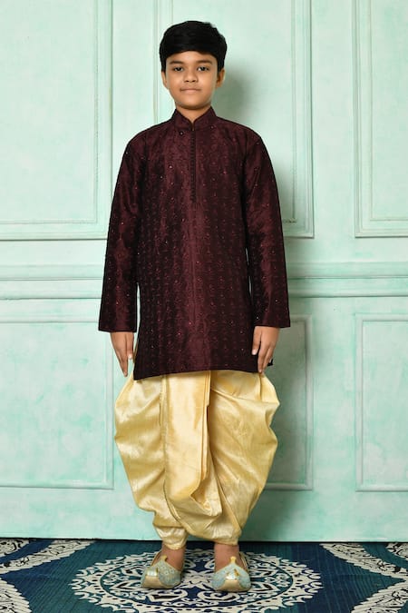 Buy_Petite Pomme_Wine Silk Embroidery Fleur De Lis Pattern Kurta With Dhoti Pant _Online_at_Aza_Fashions