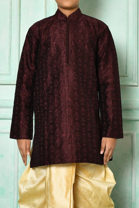 Shop_Petite Pomme_Wine Silk Embroidery Fleur De Lis Pattern Kurta With Dhoti Pant _Online_at_Aza_Fashions