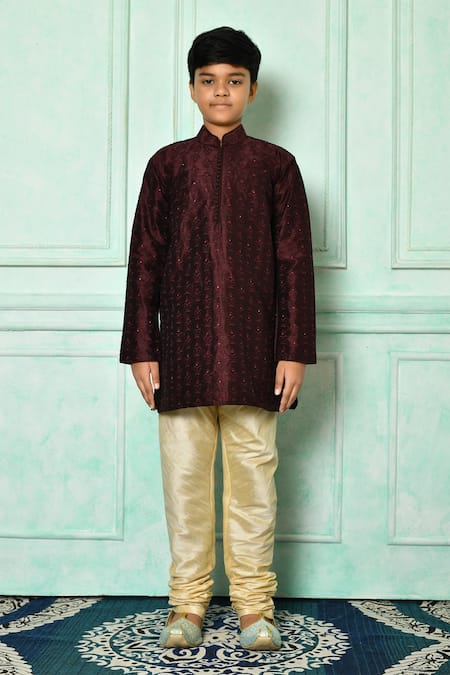 Buy_Petite Pomme_Wine Silk Stones Embroidered Fleur De Lis Pattern Kurta Set _Online_at_Aza_Fashions