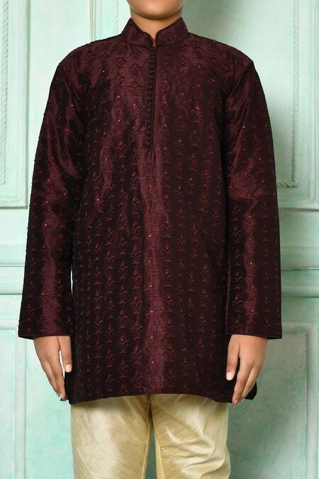 Shop_Petite Pomme_Wine Silk Stones Embroidered Fleur De Lis Pattern Kurta Set _Online_at_Aza_Fashions