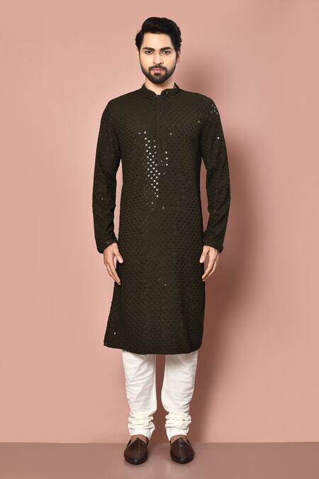 Shop_Aryavir Malhotra_Green Kurta Rayon Embroidery Thread Mandarin Collar Set_Online_at_Aza_Fashions