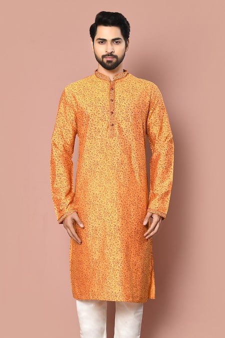 Buy_Aryavir Malhotra_Yellow Kurta Cotton Silk Printed Small Flower Set_Online_at_Aza_Fashions