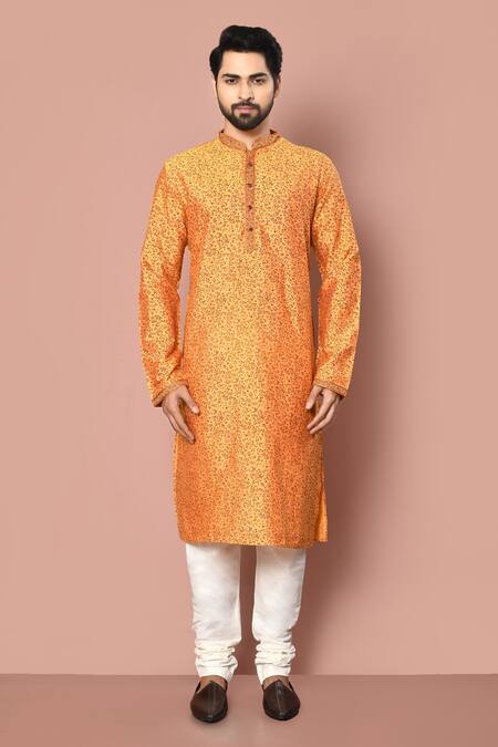 Shop_Aryavir Malhotra_Yellow Kurta Cotton Silk Printed Small Flower Set_Online_at_Aza_Fashions