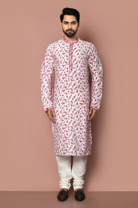 Shop_Aryavir Malhotra_White Kurta Cotton Silk Printed Floral Set_Online_at_Aza_Fashions