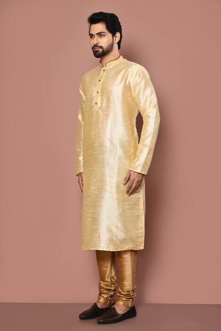 Buy_Aryavir Malhotra_Beige Dupion Silk Embroidered Thread Placket Kurta Set_Online_at_Aza_Fashions
