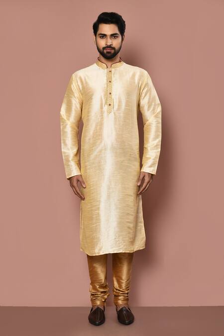 Aryavir Malhotra_Beige Dupion Silk Embroidered Thread Placket Kurta Set_at_Aza_Fashions