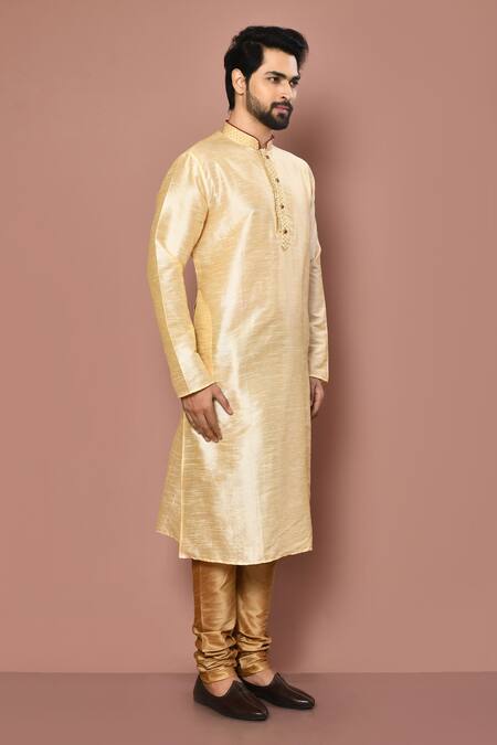 Buy_Aryavir Malhotra_Beige Dupion Silk Embroidered Thread Placket Kurta Set