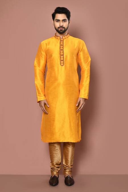 Naintara Bajaj_Orange Dupion Silk Embroidered Thread Collar Kurta Set_at_Aza_Fashions