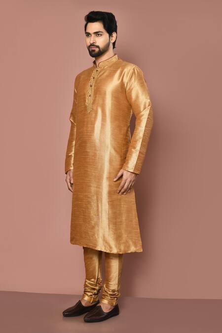 Aryavir Malhotra_Gold Dupion Silk Embroidered Thread Placket Kurta Set_at_Aza_Fashions